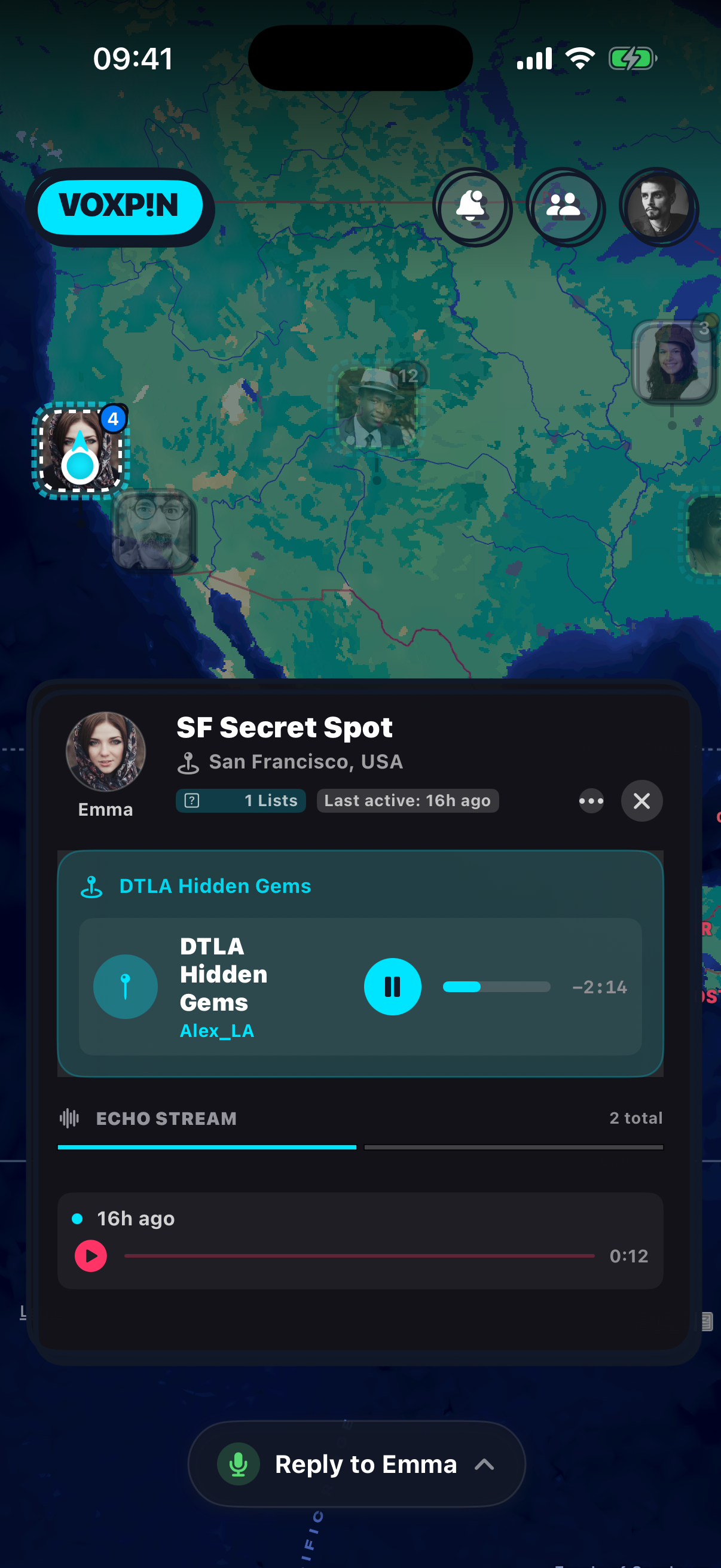 VoxPin echo stream showing geo-pinned voice messages in San Francisco