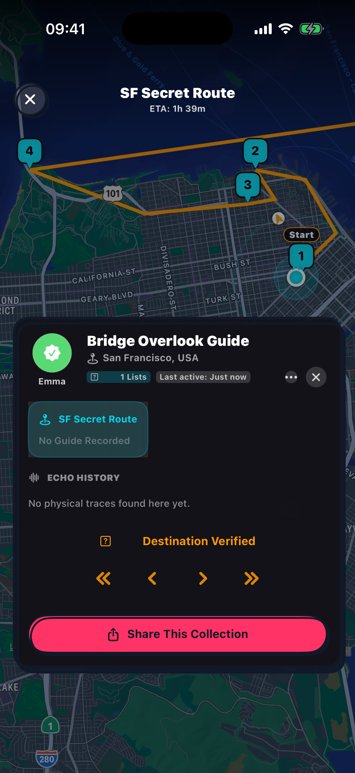 VoxPin route party showing SF Secret Route with navigation points