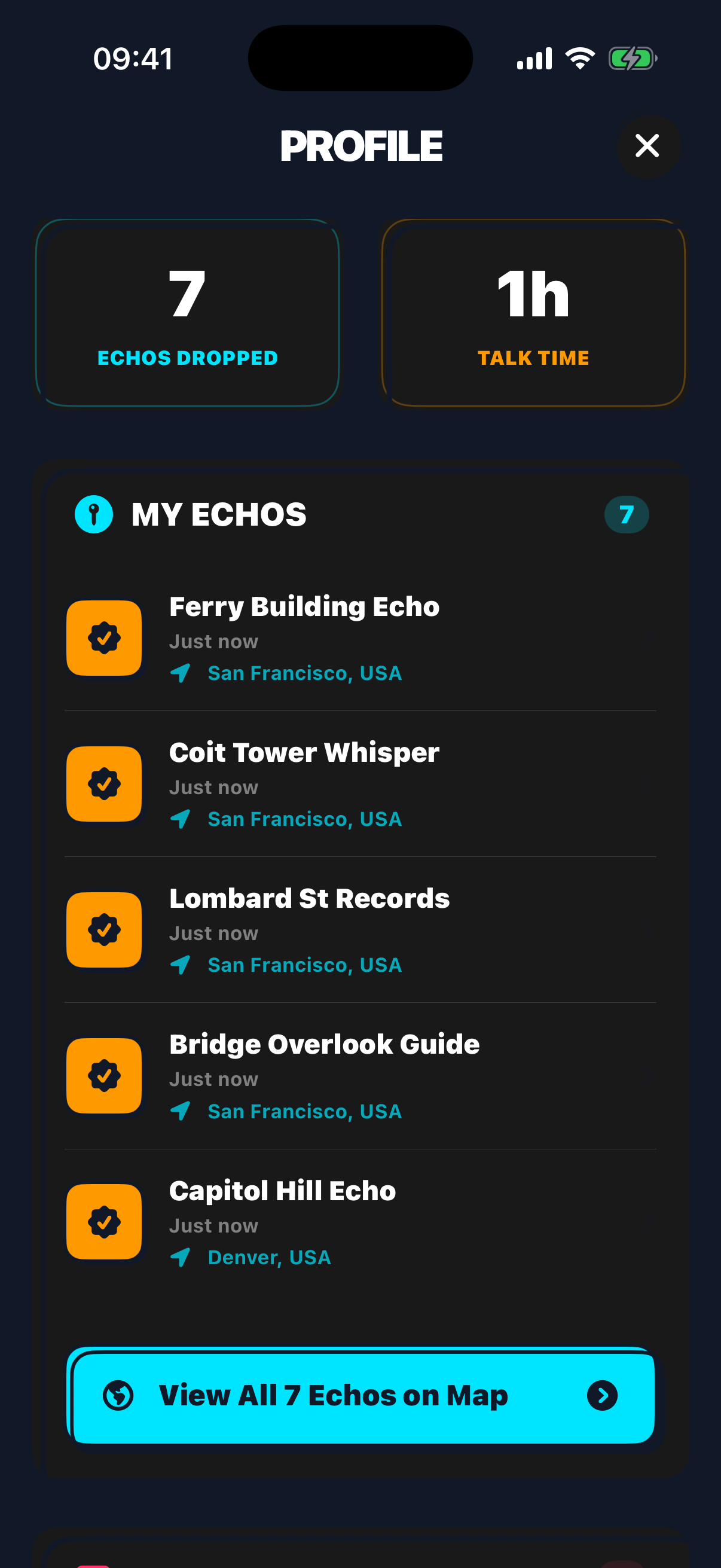 VoxPin user profile showing echo badges and talk time stats