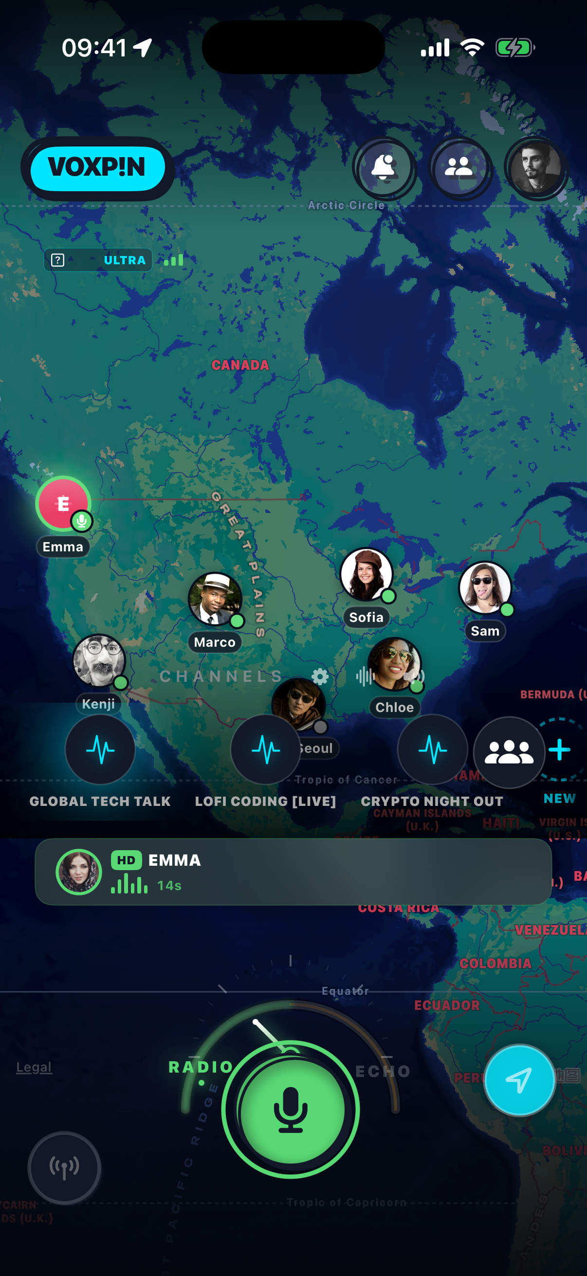 VoxPin live push-to-talk radio interface with global friends on map