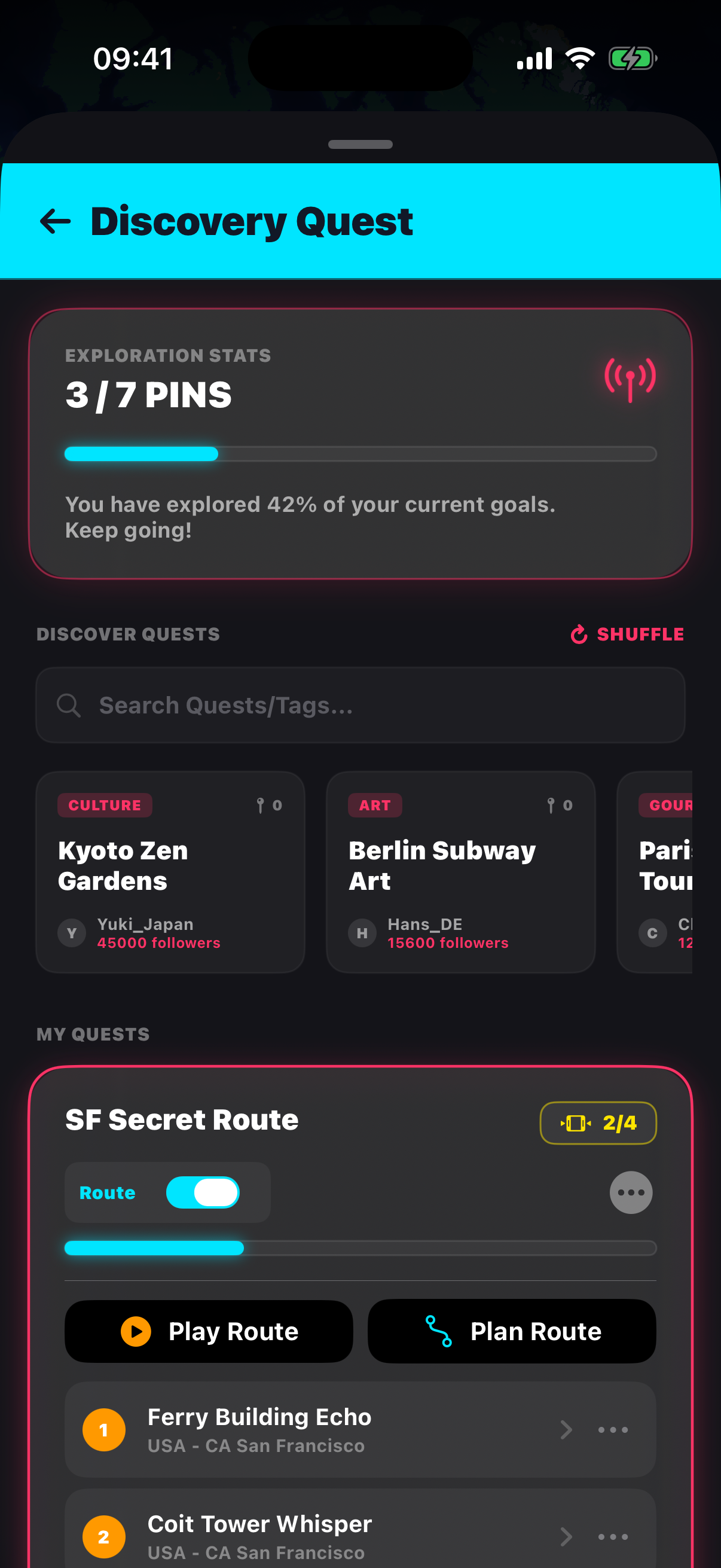VoxPin discovery quest interface with exploration progress and global quests